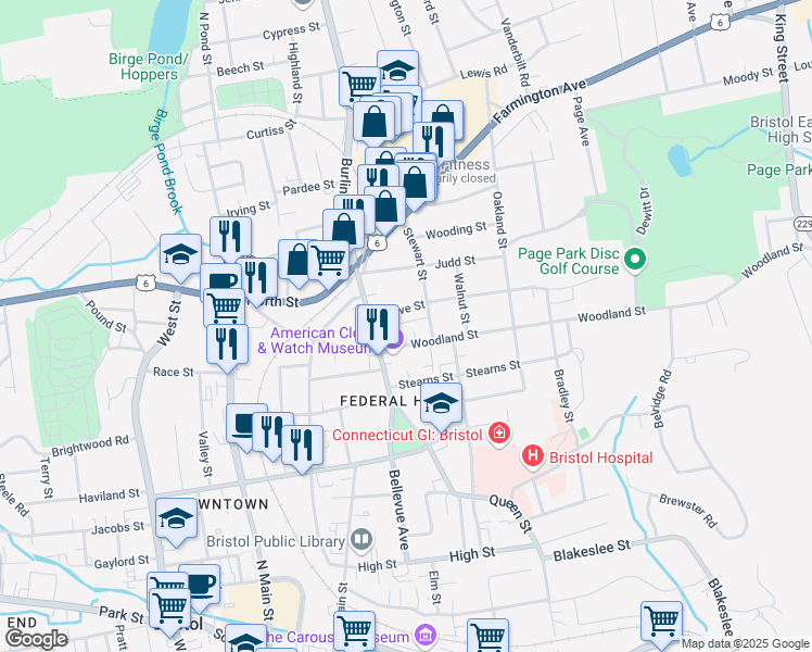 map of restaurants, bars, coffee shops, grocery stores, and more near 130 Maple Street in Bristol