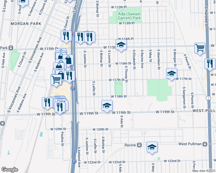 map of restaurants, bars, coffee shops, grocery stores, and more near 11720 South Loomis Street in Chicago