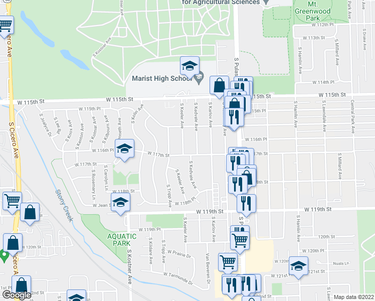 map of restaurants, bars, coffee shops, grocery stores, and more near 11659 South Keeler Avenue in Alsip