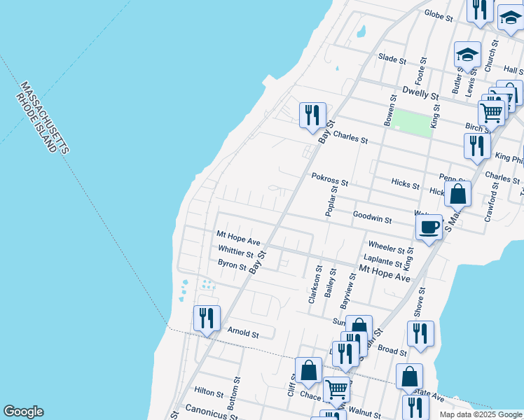 map of restaurants, bars, coffee shops, grocery stores, and more near 163 Woodman Street in Fall River