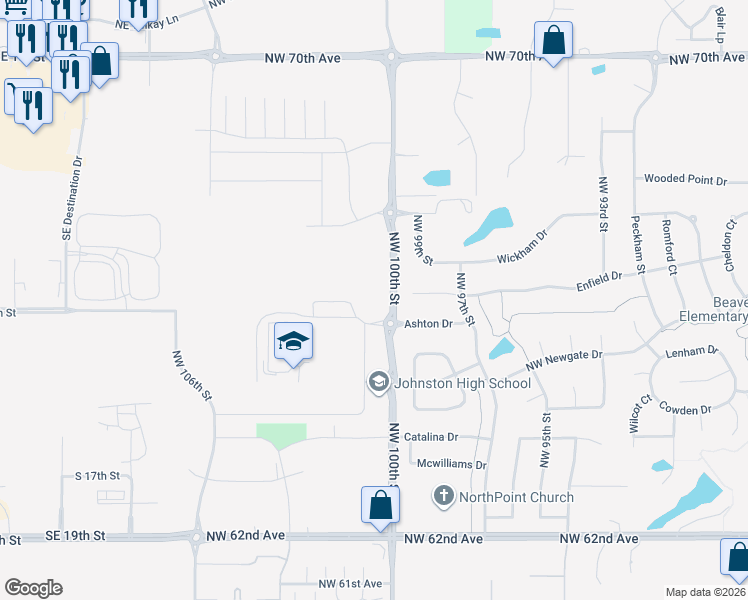 map of restaurants, bars, coffee shops, grocery stores, and more near 6600 Northwest 100th Street in Johnston