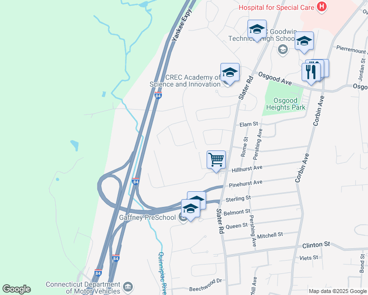 map of restaurants, bars, coffee shops, grocery stores, and more near 29 Marwood Drive in New Britain