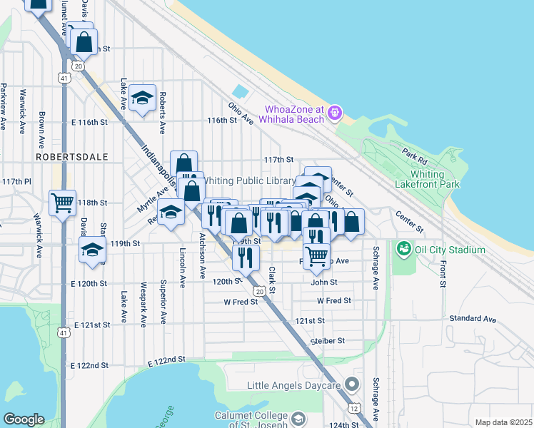 map of restaurants, bars, coffee shops, grocery stores, and more near 1815 Laporte Avenue in Whiting