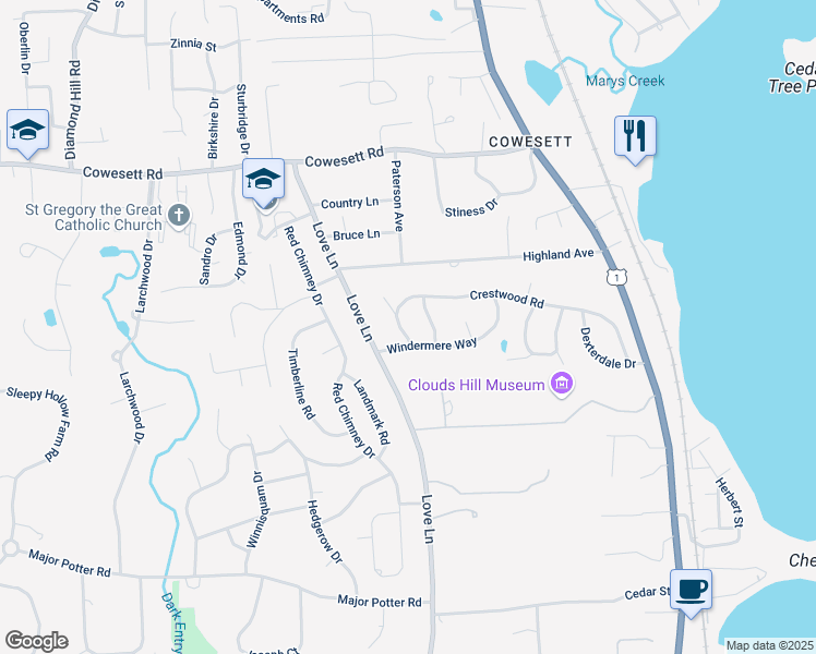 map of restaurants, bars, coffee shops, grocery stores, and more near 316 Crestwood Road in Warwick