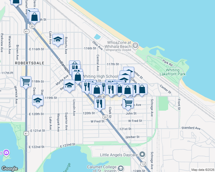 map of restaurants, bars, coffee shops, grocery stores, and more near 1815 Laporte Ave in Whiting