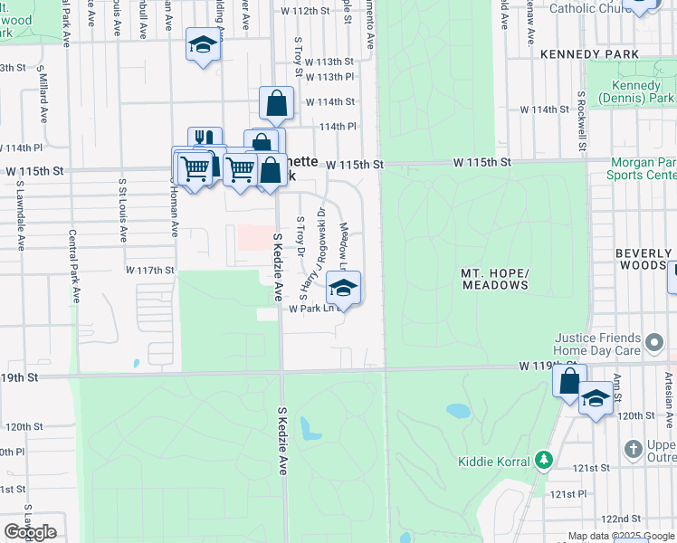 map of restaurants, bars, coffee shops, grocery stores, and more near 11708 Meadow Lane in Merrionette Park