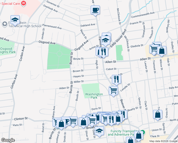 map of restaurants, bars, coffee shops, grocery stores, and more near 38 Brown St in New Britain