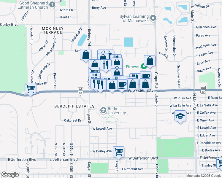 map of restaurants, bars, coffee shops, grocery stores, and more near 838-888 U.S. 20 Business in Mishawaka