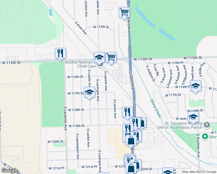 map of restaurants, bars, coffee shops, grocery stores, and more near 11649 South Laporte Avenue in Alsip