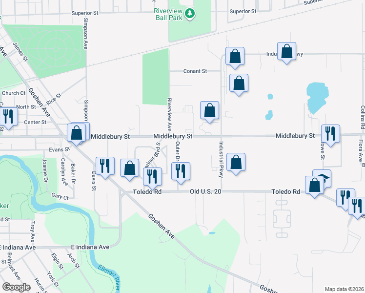 map of restaurants, bars, coffee shops, grocery stores, and more near 56050 Outer Drive in Elkhart
