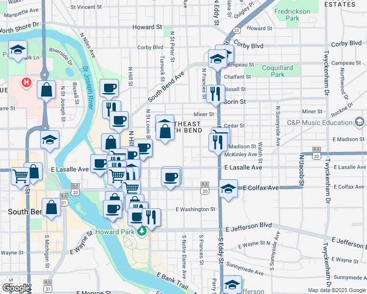 map of restaurants, bars, coffee shops, grocery stores, and more near 900 East Madison Street in South Bend