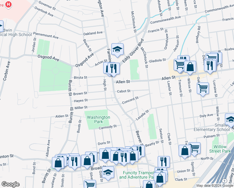 map of restaurants, bars, coffee shops, grocery stores, and more near 99 Farmington Avenue in New Britain