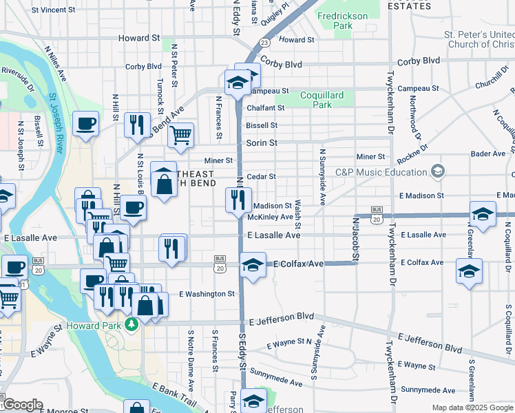 map of restaurants, bars, coffee shops, grocery stores, and more near 1148 East Madison Street in South Bend