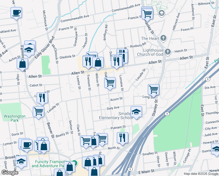 map of restaurants, bars, coffee shops, grocery stores, and more near 225 Oak Street in New Britain