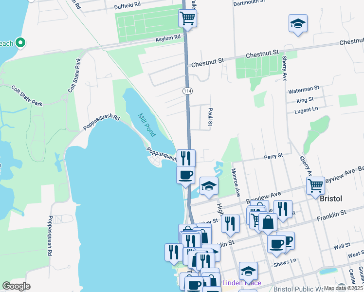 map of restaurants, bars, coffee shops, grocery stores, and more near 875 1/2 Hope Street in Bristol