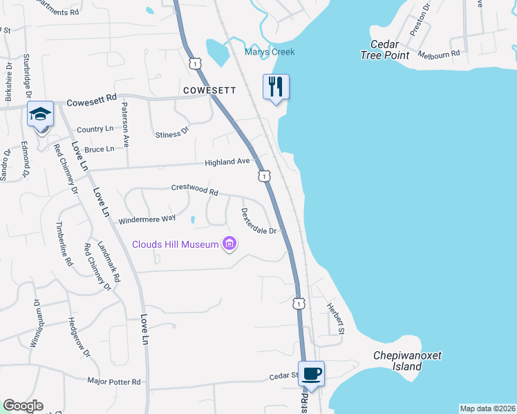 map of restaurants, bars, coffee shops, grocery stores, and more near 48 Crestwood Road in Warwick