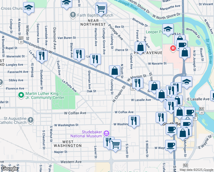 map of restaurants, bars, coffee shops, grocery stores, and more near 414 1/2 Cottage Grove Avenue in South Bend