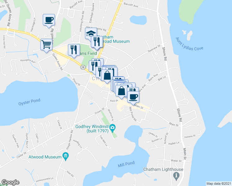 map of restaurants, bars, coffee shops, grocery stores, and more near 533 Main Street in Chatham
