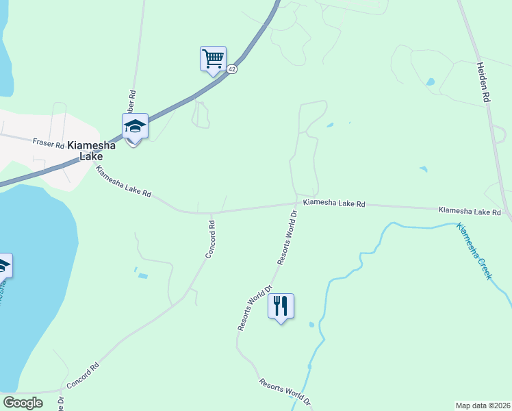 map of restaurants, bars, coffee shops, grocery stores, and more near 129 County Road 109 in Kiamesha Lake