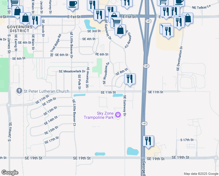 map of restaurants, bars, coffee shops, grocery stores, and more near 1312 Southeast 10th Lane in Grimes