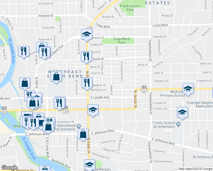 map of restaurants, bars, coffee shops, grocery stores, and more near 1212 East Madison Street in South Bend