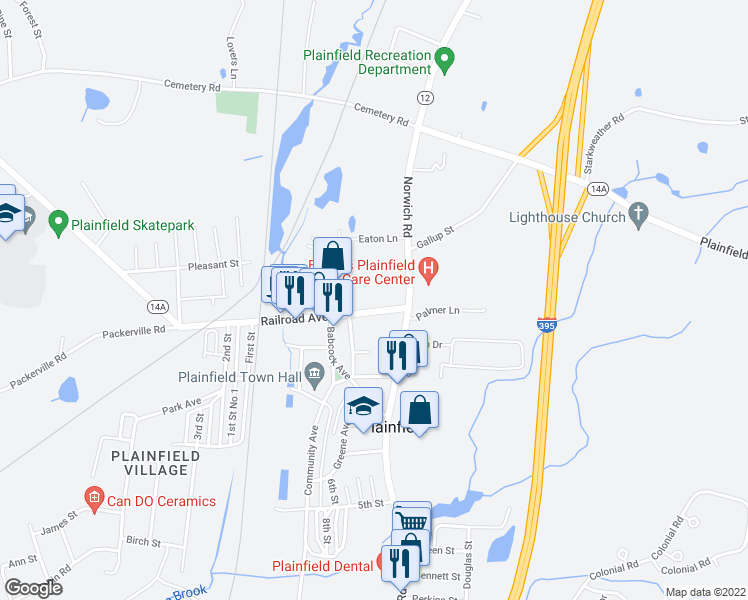 map of restaurants, bars, coffee shops, grocery stores, and more near 4 Railroad Avenue in Plainfield