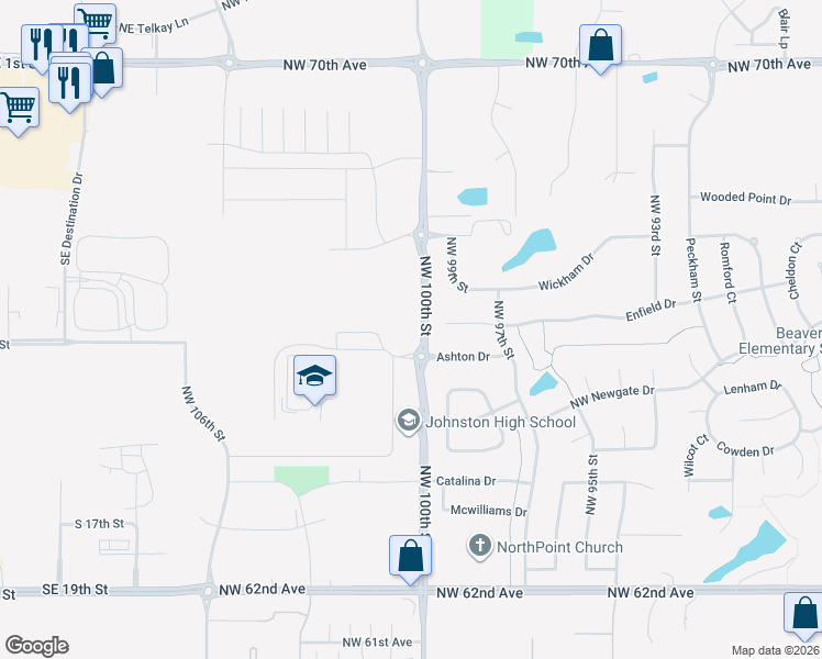map of restaurants, bars, coffee shops, grocery stores, and more near 6600 Northwest 100th Street in Johnston