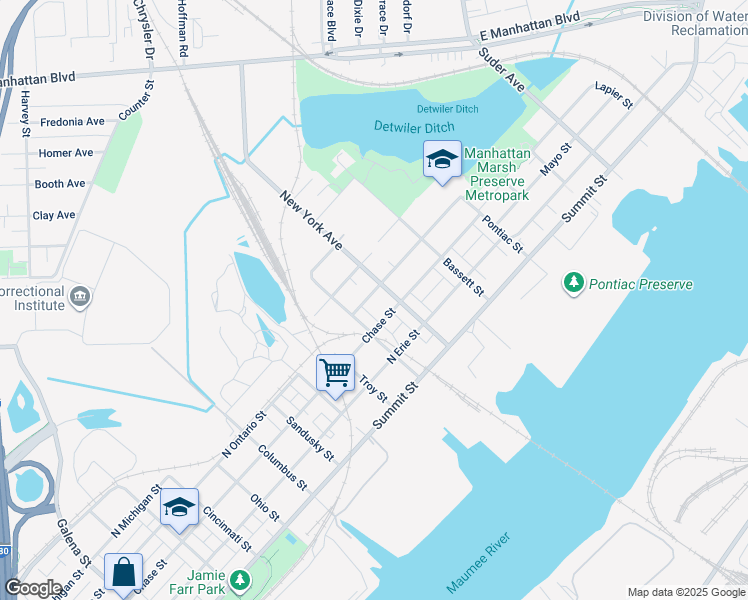 map of restaurants, bars, coffee shops, grocery stores, and more near 2930 North Ontario Street in Toledo