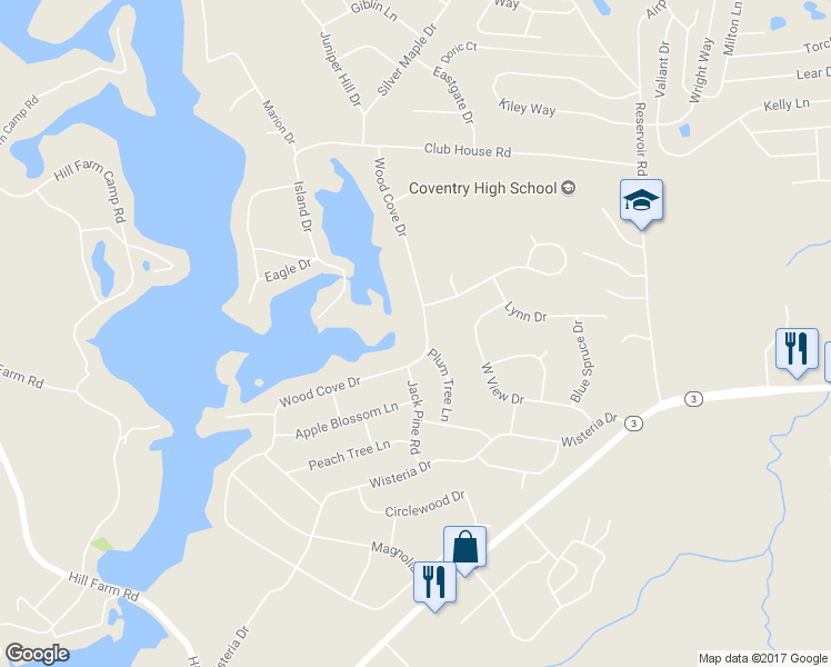 map of restaurants, bars, coffee shops, grocery stores, and more near 102 Wood Cove Drive in Coventry