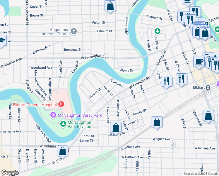map of restaurants, bars, coffee shops, grocery stores, and more near 1102-1106 Hudson Street in Elkhart