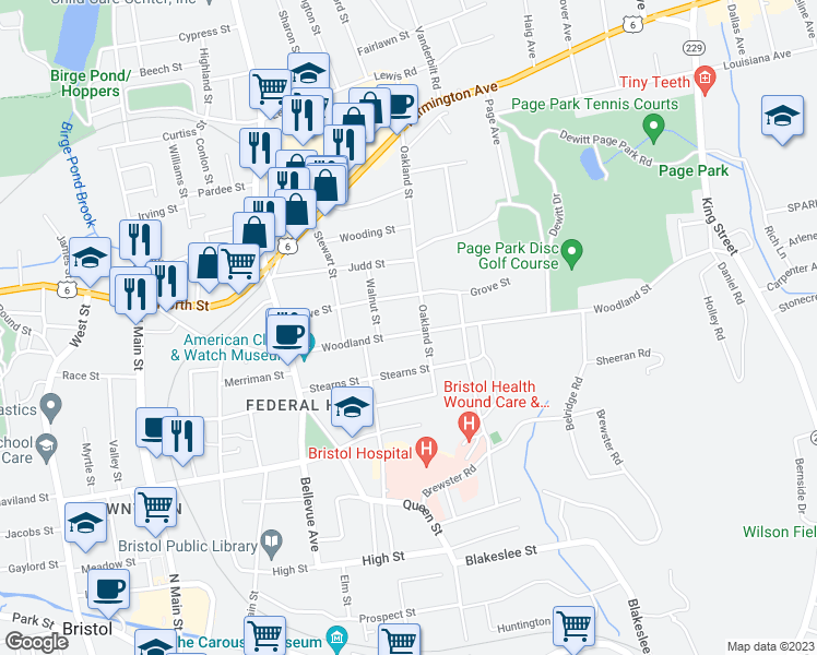 map of restaurants, bars, coffee shops, grocery stores, and more near 129 Woodland Street in Bristol