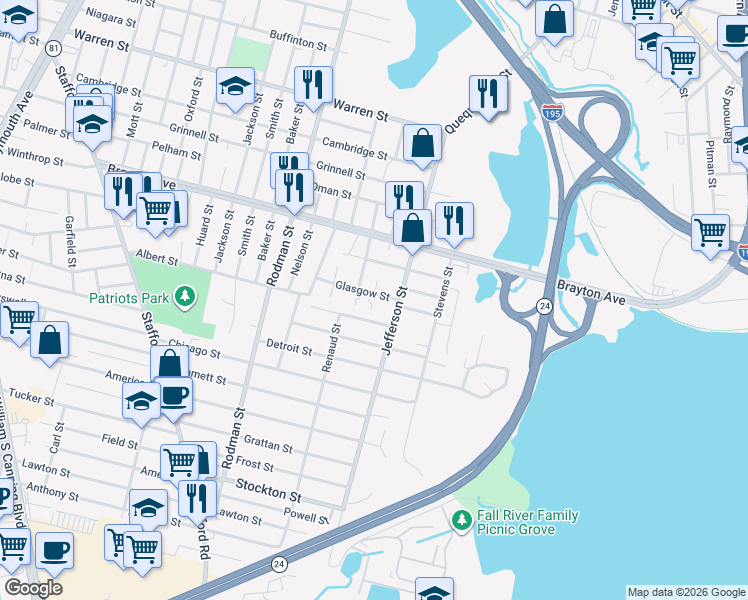 map of restaurants, bars, coffee shops, grocery stores, and more near 215 Glasgow Street in Fall River