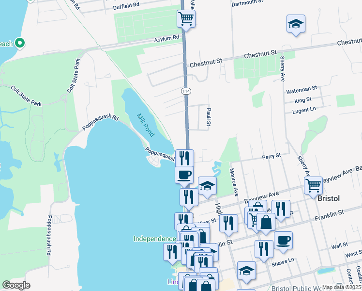map of restaurants, bars, coffee shops, grocery stores, and more near 875 1/2 Hope Street in Bristol