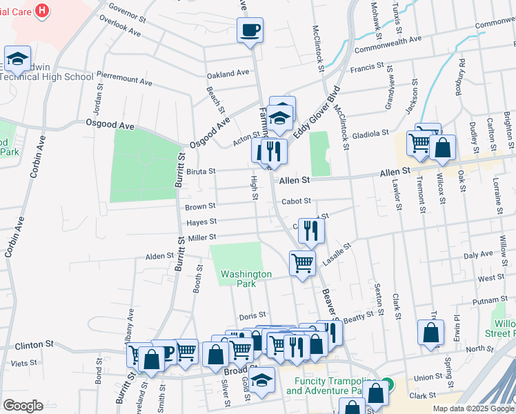 map of restaurants, bars, coffee shops, grocery stores, and more near 4 Brown Street in New Britain