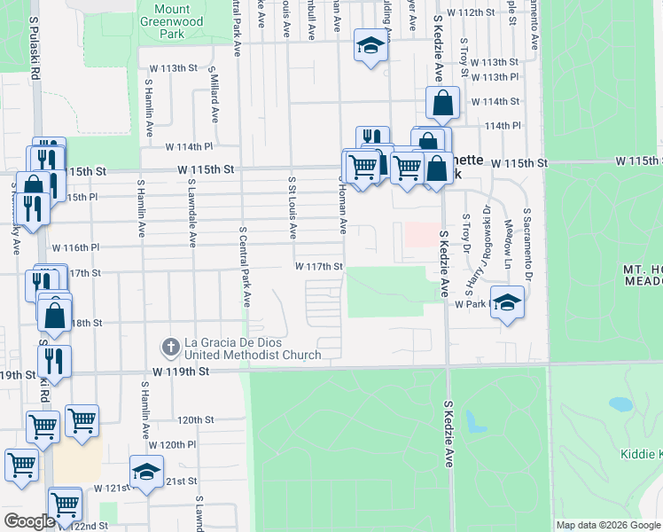 map of restaurants, bars, coffee shops, grocery stores, and more near 3427 West 117th Street in Merrionette Park