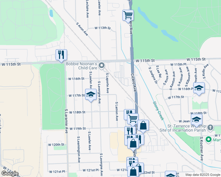 map of restaurants, bars, coffee shops, grocery stores, and more near 11649 South Laporte Avenue in Alsip