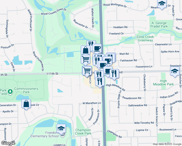 map of restaurants, bars, coffee shops, grocery stores, and more near 5008 Ace Lane in Naperville