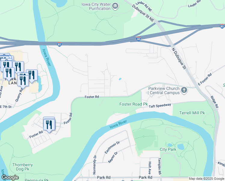 map of restaurants, bars, coffee shops, grocery stores, and more near 1722 Algonquin Road in Iowa City