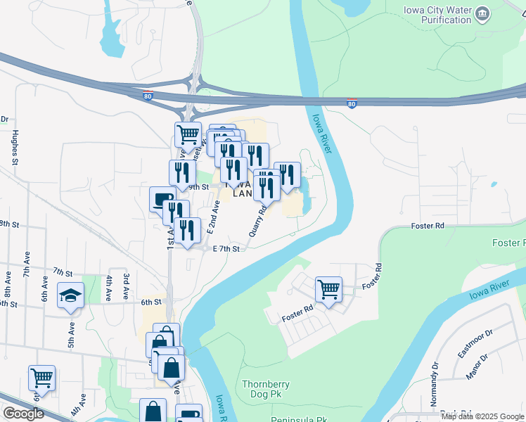 map of restaurants, bars, coffee shops, grocery stores, and more near 843 Quarry Road in Coralville