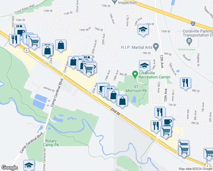 map of restaurants, bars, coffee shops, grocery stores, and more near 700 19th Avenue in Coralville
