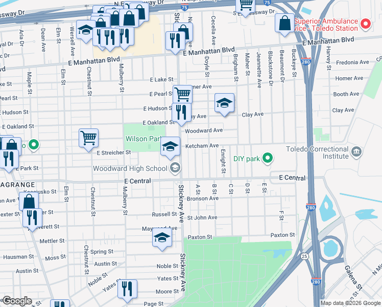 map of restaurants, bars, coffee shops, grocery stores, and more near 3157 Pomeroy Street in Toledo