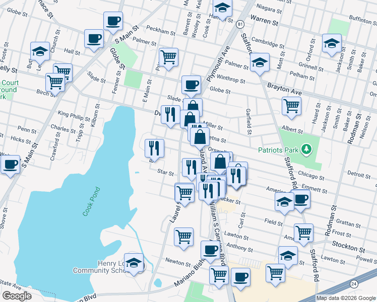map of restaurants, bars, coffee shops, grocery stores, and more near 154 Tower Street in Fall River