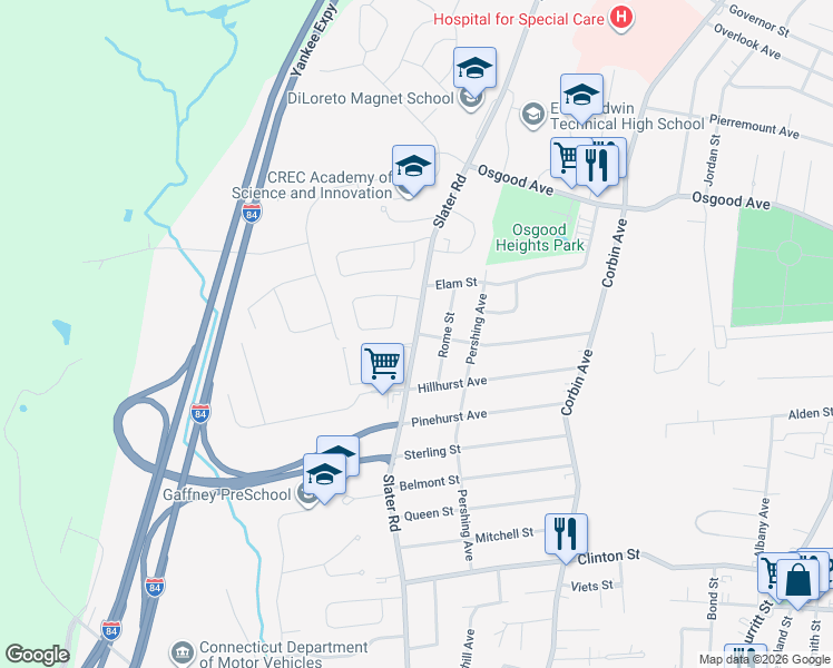 map of restaurants, bars, coffee shops, grocery stores, and more near Slater Road & Maplehurst Avenue in New Britain