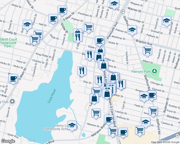 map of restaurants, bars, coffee shops, grocery stores, and more near 67 Tower Street in Fall River