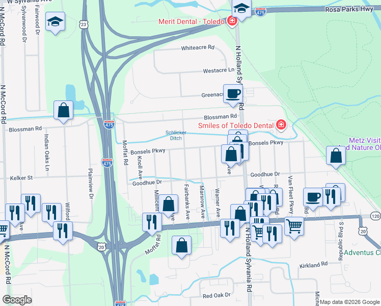map of restaurants, bars, coffee shops, grocery stores, and more near 6063 Bonsels Parkway in Toledo