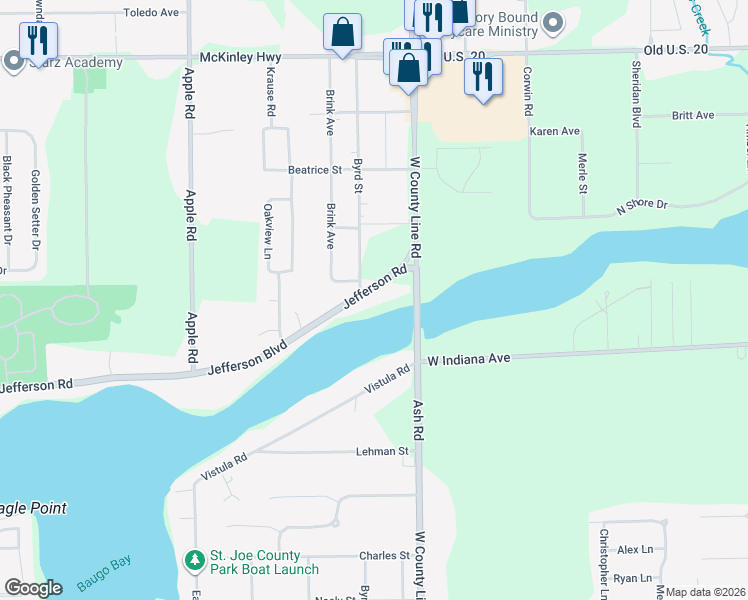 map of restaurants, bars, coffee shops, grocery stores, and more near 10024 Jefferson Road in Osceola