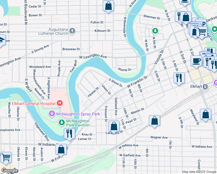 map of restaurants, bars, coffee shops, grocery stores, and more near 1102 Hudson Street in Elkhart