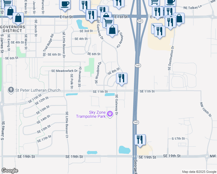 map of restaurants, bars, coffee shops, grocery stores, and more near 933 Southeast 10th Lane in Grimes