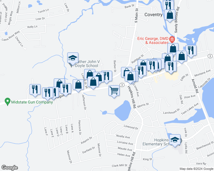 map of restaurants, bars, coffee shops, grocery stores, and more near 915 Tiogue Avenue in Coventry
