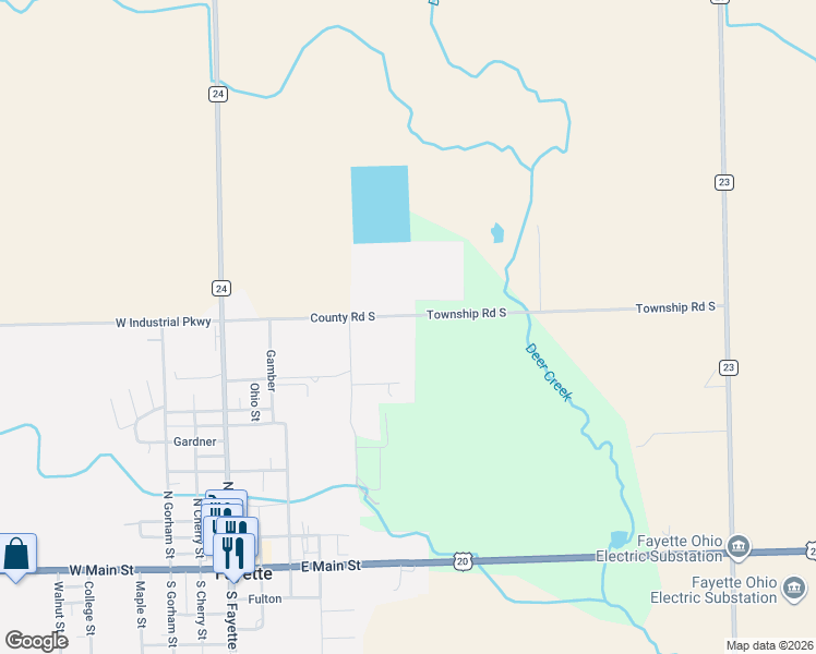 map of restaurants, bars, coffee shops, grocery stores, and more near 23643 County Road South in Fayette